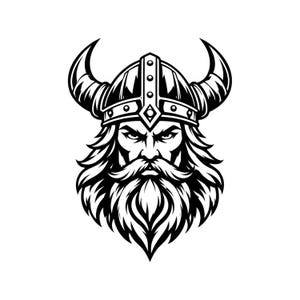 Peut inclure: Une illustration graphique en noir et blanc représentant une tête de guerrier viking. Le personnage porte un casque à cornes avec une bande verticale centrale et des rivets. Le guerrier a une barbe et une moustache épaisses et fournies.