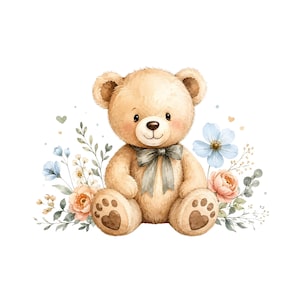 May include: A light brown teddy bear with a dark grey ribbon tied around its neck. The bear has dark brown heart-shaped patches on its feet and is surrounded by a cluster of light blue and peach-colored flowers with green leaves and stems.