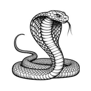 Può includere: Illustrazione in bianco e nero di un cobra. Il serpente è arrotolato, con il suo cappuccio esteso e la lingua fuori. Le squame e i dettagli sono meticolosamente disegnati, creando un'immagine dettagliata e suggestiva.
