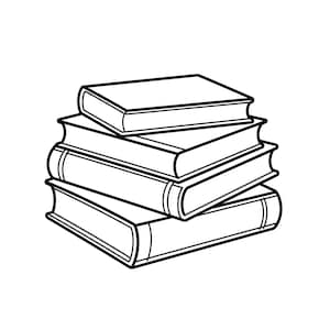 Puede incluir: Una ilustración de arte lineal en blanco y negro de una pila de tres libros. Los libros están colocados en ángulos ligeros, mostrando las portadas y los lomos. El dibujo utiliza contornos limpios y marcados para definir las formas.