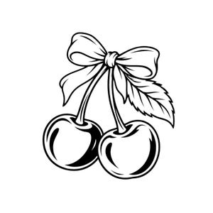 Può includere: Un'illustrazione in bianco e nero a tratto di due ciliegie attaccate a un unico stelo. Un fiocco decorativo è legato attorno agli steli e una singola foglia seghettata si estende di lato. Il disegno presenta contorni e ombre marcati.