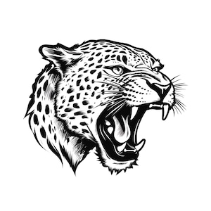May include: A black and white illustration of a snarling leopard's head. The leopard's mouth is wide open, revealing sharp teeth. The animal's fur is detailed with spots, and its eyes are focused with an intense gaze. The image is a bold graphic design.
