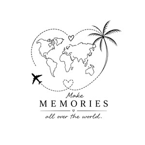 Puede incluir: Un diseño gráfico en blanco y negro con el contorno de un mapa mundial, una palmera y un pequeño avión siguiendo una trayectoria de vuelo punteada en forma de corazón. El texto dice: Make MEMORIES all over the world, con pequeños corazones.