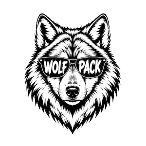 May include: A black and white graphic illustration of a wolf head facing forward. The wolf is wearing dark sunglasses with the text WOLF PACK printed in white across the lenses. The design features detailed fur textures and sharp, bold lines.