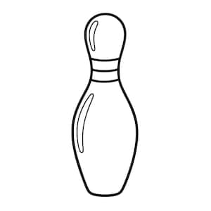 Op de afbeelding: Een zwart-wit lijntekening van een bowlingkegel. Het ontwerp heeft een afgerond bovendeel, een smalle hals met twee horizontale banden en een bredere basis. De tekening gebruikt dikke omlijningen en bevat eenvoudige highlights voor glans.