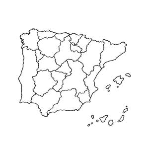 May include: A black and white line drawing of a map of Spain, showing the internal regional borders of the country. The illustration includes the mainland territory along with the Balearic and Canary Islands depicted as separate landmass shapes.