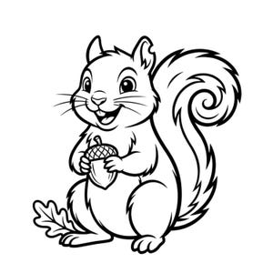 May include: Black and white cartoon illustration of a smiling squirrel holding an acorn. The squirrel has a bushy tail and is sitting on its hind legs. A leaf is at the bottom left.