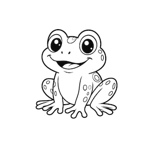May include: A black and white line art illustration of a cartoon frog with large, round eyes, a wide smiling mouth, and spotted skin. The frog is depicted in a seated position with its front legs resting forward and its back legs tucked.