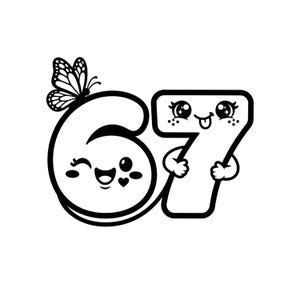 May include: Black and white illustration of the numbers 6 and 7 with cartoon faces. The number 6 has a winking eye and a butterfly on top. The number 7 has a playful expression with its tongue out.