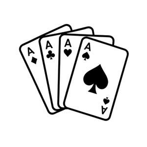 Peut inclure: Un éventail de quatre cartes à jouer présentant la lettre A et les symboles des enseignes carreau, trèfle, cœur et pique. Chaque carte est blanche avec un contour noir épais et des icônes noires, affichant les quatre as d'un jeu.
