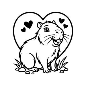 May include: Black and white illustration of a smiling groundhog with a heart-shaped background and three small hearts. The groundhog is sitting in grass and has visible whiskers and teeth.