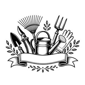 Peut inclure: Une illustration en noir et blanc d'outils de jardinage comprenant un râteau, une truelle, un sécateur, une fourche, un arrosoir et un gant, disposés derrière une bannière incurvée vierge avec des brins de feuilles décoratifs sur les côtés.