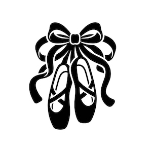 Puede incluir: Una ilustración gráfica en blanco y negro de un par de zapatillas de ballet que cuelgan de un lazo decorativo. El diseño presenta siluetas negras sólidas de los zapatos con correas cruzadas y una cinta grande y fluida en el centro.