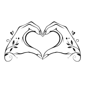May include: Black and white line art illustration of two hands forming a heart shape. The hands are adorned with delicate floral and vine details, creating a romantic and artistic design. The image is suitable for various applications.