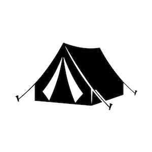 May include: A black and white graphic illustration of a triangular A-frame tent. The design features a solid black tent structure with two white triangular openings at the front entrance and thin black lines representing the guy ropes and stakes.