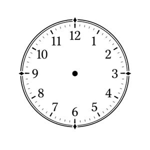 May include: A circular white clock face featuring black Arabic numerals from 1 to 12 arranged in a standard layout. The design includes a black circular center point, thin black minute markers, and four diamond-shaped indicators at the cardinal points.