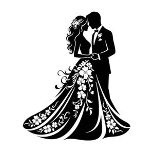 Könnte beinhalten: Schwarz-weiße Silhouette eines Brautpaares. Die Braut trägt ein Kleid mit floralen Mustern. Der Bräutigam trägt einen Smoking. Sie stehen sich gegenüber, halten Händchen und sind bereit für ihre Hochzeit. Romantisches Bild.