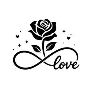 Può includere: Grafica in bianco e nero di una rosa con la parola "love" in corsivo. La rosa è in cima a uno stelo con foglie e la parola "love" è intrecciata con un simbolo di infinito. Piccoli cuori e stelle circondano la rosa.