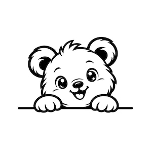 Puede incluir: Una ilustración gráfica en blanco y negro de la cabeza de un osezno asomándose por encima de una línea horizontal. El oso tiene orejas grandes y redondas, ojos grandes, una nariz pequeña y una boca sonriente con la lengua visible.