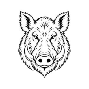 May include: A black and white graphic illustration of a wild boar head facing forward. The design features detailed line work highlighting the animal's fur texture, pointed ears, intense eyes, and two prominent curved tusks protruding from the snout.