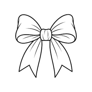 May include: A black and white line art illustration of a decorative bow. The design features two large, symmetrical loops at the top and two downward-pointing ribbon tails with V-shaped notched ends, all connected by a central knot detail.