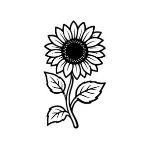 May include: A black and white line art illustration of a single sunflower. The flower features a large, circular center with a dotted pattern, surrounded by numerous pointed petals. A slender stem supports the bloom, with three leaves.