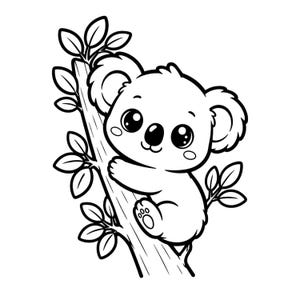 May include: A black and white cartoon illustration of a koala bear climbing a tree branch. The koala has large, round eyes and is holding onto the tree with its paws. Leaves are visible around the tree branch.