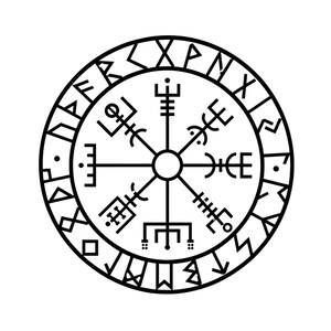 May include: A circular black and white graphic design featuring a Vegvisir symbol at the center, composed of eight radiating staves with distinct terminal markings. The symbol is enclosed within a ring containing a sequence of runic characters.