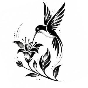 Puede incluir: Ilustración en blanco y negro de un colibrí cerca de una flor. El colibrí tiene alas y plumas de la cola detalladas. La flor y las hojas también son en blanco y negro, con sombreado intrincado. El diseño está sobre un fondo blanco.