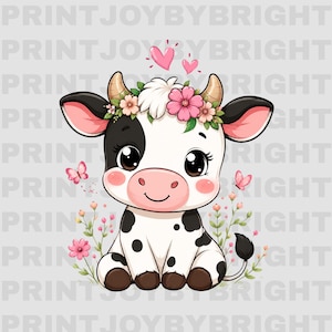 May include: A cartoon illustration of a cute cow with black and white spots, wearing a floral crown and surrounded by pink butterflies and flowers. The cow has large, expressive eyes and a smiling face.