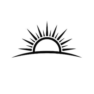 May include: A black graphic illustration of a rising sun featuring a semi-circular arch positioned above a horizontal curved line, with multiple sharp, radiating sunbeams extending upward from the top of the arch against a plain background.