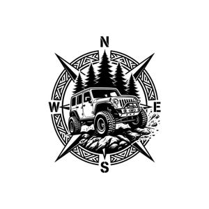 May include: A black and white graphic illustration featuring an off-road vehicle driving over rocky terrain in front of a forest of pine trees, all enclosed within a circular compass design marked with the cardinal directions N, E, S, and W.