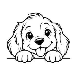 Peut inclure: Une illustration en noir et blanc au trait représentant un chiot aux grands yeux expressifs et aux oreilles tombantes. Le chiot est montré du buste, posant ses pattes avant sur une ligne horizontale, la langue tirée dans une expression joyeuse.
