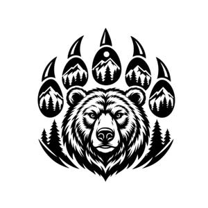 May include: A black and white graphic illustration featuring a bear head centred below a large bear paw print. Each of the five paw pads contains a silhouette of a mountain range and pine trees, with additional pine trees flanking the bear.