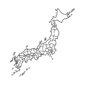 Peut inclure: Un dessin au trait noir et blanc représentant la carte du Japon, illustrant les contours distincts des îles principales et les frontières internes des différentes préfectures sous forme d'une illustration graphique épurée et simple.
