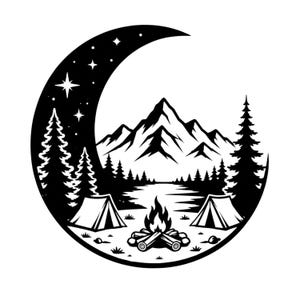 May include: A black and white graphic illustration shaped like a crescent moon. The design features a mountain range, a forest of pine trees, a calm lake, two small camping tents, and a crackling campfire with logs, all set against a starry night sky.