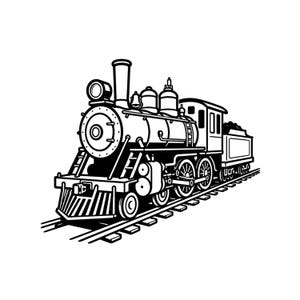 May include: A black and white line art illustration of a steam locomotive train engine. The train features a prominent smokestack, a circular front headlight, a cowcatcher at the front, and multiple wheels, all positioned on a set of railroad tracks.