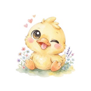 Op de afbeelding: Een aquarelillustratie van een pluizig geel eendje dat tussen kleine kleurrijke wilde bloemen zit. Het eendje heeft grote donkere ogen, een knipogende uitdrukking en steekt zijn tong uit. Drie kleine roze hartjes zweven boven het hoofd.