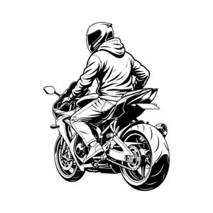 May include: A black and white graphic illustration of a motorcyclist wearing a helmet and a hooded jacket, seated on a sport motorcycle. The view is from the rear three-quarter angle, showing the bike's rear tire, chain, and exhaust pipe.