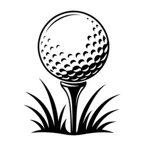 May include: A black and white graphic illustration of a golf ball resting on a tee. The golf ball features a distinct dimpled texture with shading on the right side. The tee is positioned within a cluster of stylized grass blades at the base.