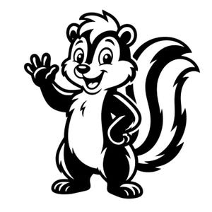 Może przedstawiać: Czarno-biała ilustracja kreskówki przedstawiająca skunksa. Skunks macha prawą łapą i uśmiecha się. Ma biały pas na grzbiecie i puszysty ogon. Skunks stoi na tylnych łapach.