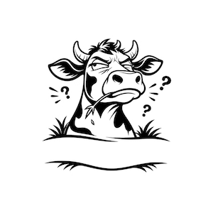 Puede incluir: Ilustración de dibujos animados en blanco y negro de una vaca con expresión escéptica, masticando hierba. Signos de interrogación aparecen a ambos lados de la cabeza de la vaca, y hay una pancarta en blanco debajo.