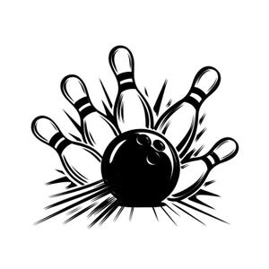 Può includere: Un'illustrazione grafica in bianco e nero di una palla da bowling che colpisce cinque birilli. La palla da bowling è di colore nero pieno con tre fori per le dita, mentre i birilli sono bianchi con due strisce nere orizzontali sul collo.