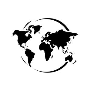 May include: A black and white graphic illustration of a world map silhouette centred within a circular frame. The design features the continents of North America, South America, Europe, Africa, Asia, and Australia in solid black against a white background.