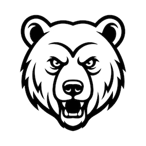 May include: A black and white graphic illustration of a bear head facing forward. The bear has a fierce expression with bared teeth, pointed ears, and thick fur detailing around the neck and cheeks, rendered in bold, clean lines on a white background.