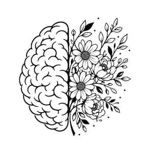 May include: A black and white line art illustration featuring a human brain on the left side, transitioning into a collection of blooming flowers and leafy branches on the right side. The design uses clean, bold strokes to define the organic shapes.