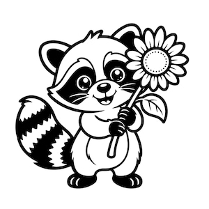 Puede incluir: Ilustración de dibujos animados en blanco y negro de un mapache sonriente sosteniendo un girasol. El mapache tiene una cola rayada, una máscara alrededor de los ojos y está de pie. El girasol está en plena floración.