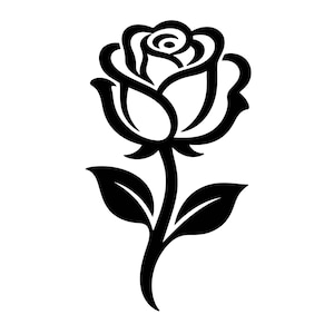 Può includere: Grafica in bianco e nero di una rosa in piena fioritura. La rosa ha petali dettagliati ed è ambientata su uno sfondo bianco. Lo stelo presenta due foglie. Questo design floreale è adatto a varie applicazioni.