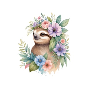 Op de afbeelding: Een illustratie van een bruine luiaard omringd door een levendig bloemstuk met roze, paarse en blauwe bloemen en groene bladeren. De luiaard is centraal geplaatst en wordt omlijst door bloesems die een natuurlijk kranseffect creëren.