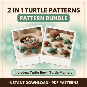 Paquete de 2 patrones de tortugas de ganchillo, juego de memoria de tortugas con cuenco, conjunto de patrones en PDF, descarga